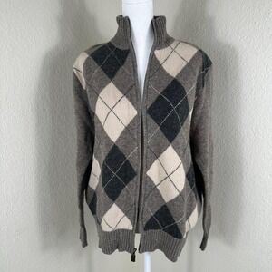 J Crew 100% Lambs Wool Argyle Diamonds Cardigan Women's M Gray Preppy Academia